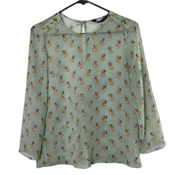 ZARA FRENCH BULLDOG PRINT NOVELTY SHEER CHIFFON STUDDED SHOULDER MINT BLOUSE S - Picture 1 of 12